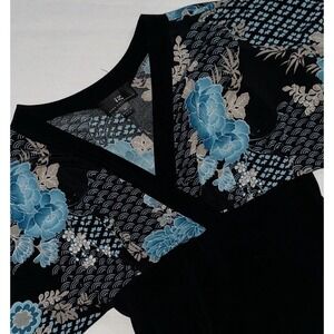 Vtg 2000s Y2K Kimono Japanese Style Top M Stretchy Waist Shirt Black Blue Floral